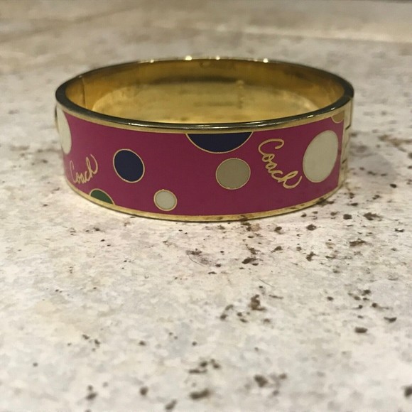 COACH Pink Polka Dot Multi Gold 3/4" Hinged Bangle Used Bracelet
